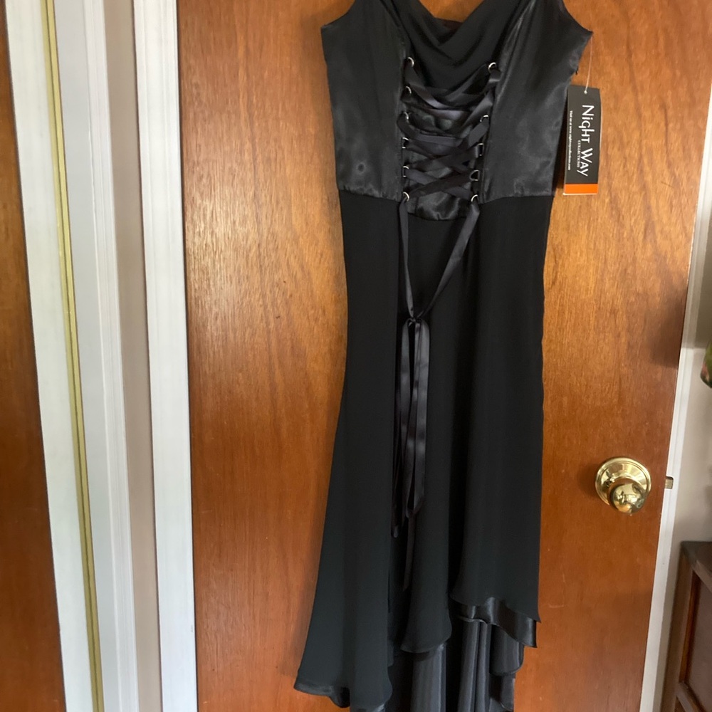Night Way Black Satiny Tie Front Corset Hi Low Dress Gown Halloween Elvira new